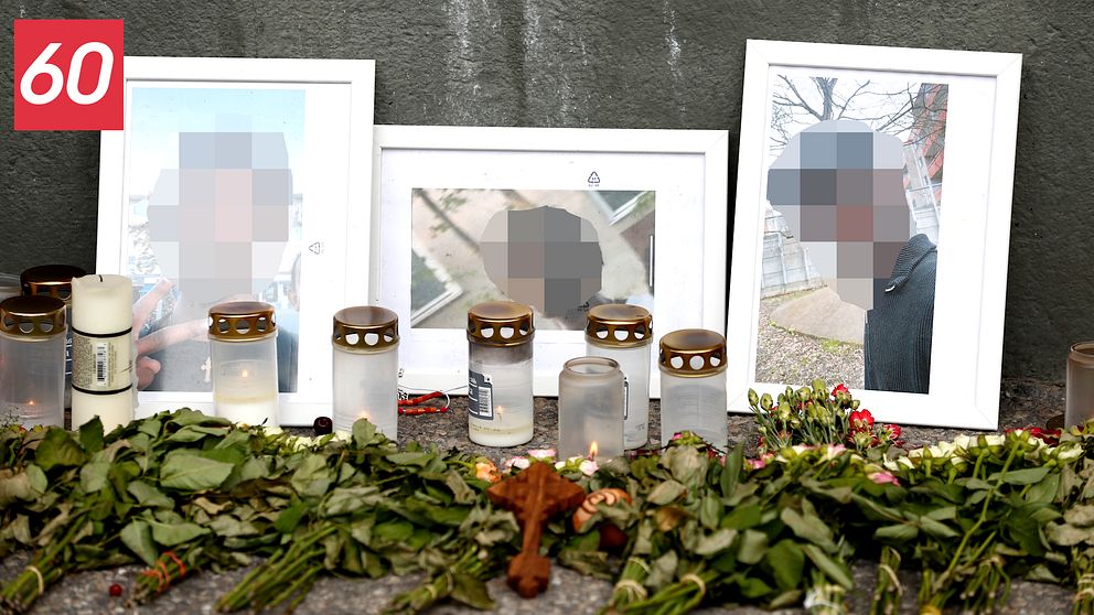Bilder på pojken som sköts i Bagarmossen, blommor och ljus.