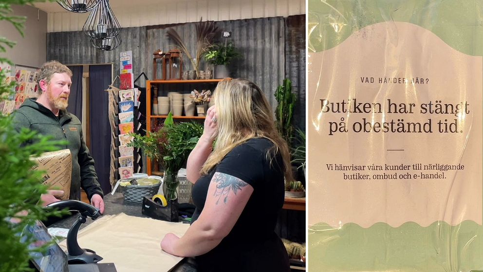 Handlare och kund i kassan. Lapp med texten Butiken har stängt på obestämd tid.