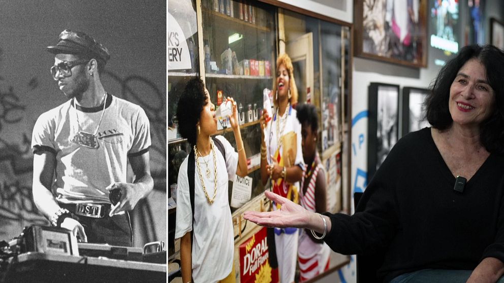 Till vänster: Dj:n Grandmixer DXT står bakom skivspelarna. Till höger sitter fotografen Janette Beckman och pekar på ett fotografi av Salt N Pepa.