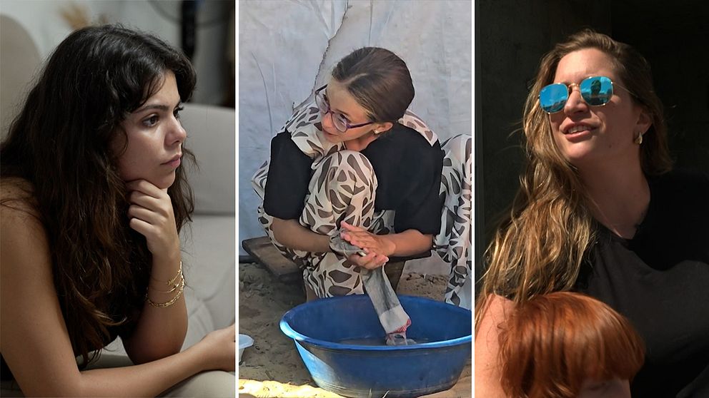Tre sektioner av en delad bild som visar olika scener. Den första sektionen visar en person som sitter på ett avstånd med huvudet lutat mot handen. Den andra sektionen visar en person som knäböjer över en blå bunke och tvättar kläder. Den tredje sektionen visar en person som står upp, vänd mot kameran med en ljus bakgrund.