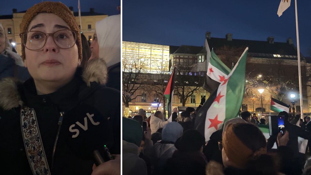 En delad bild som visar två scener från en demonstration. Till vänster en person i fokus med en mörk jacka och en axelrem vänd mot kameran. Till höger en folkmassa som höjer olika flaggor, inklusive den syriska flaggan och en annan med en stjärna. Bakgrunden visar en stadsmiljö i skymningen, med ljus från byggnader och träd.