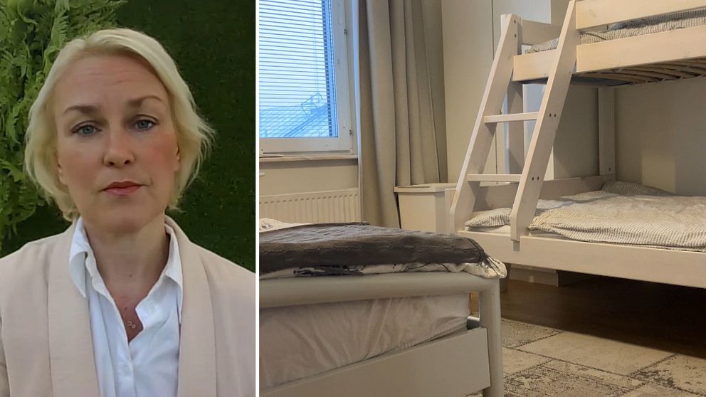 Olga Persson ordförande för Unizon och en bild på ett rum med tre sängar