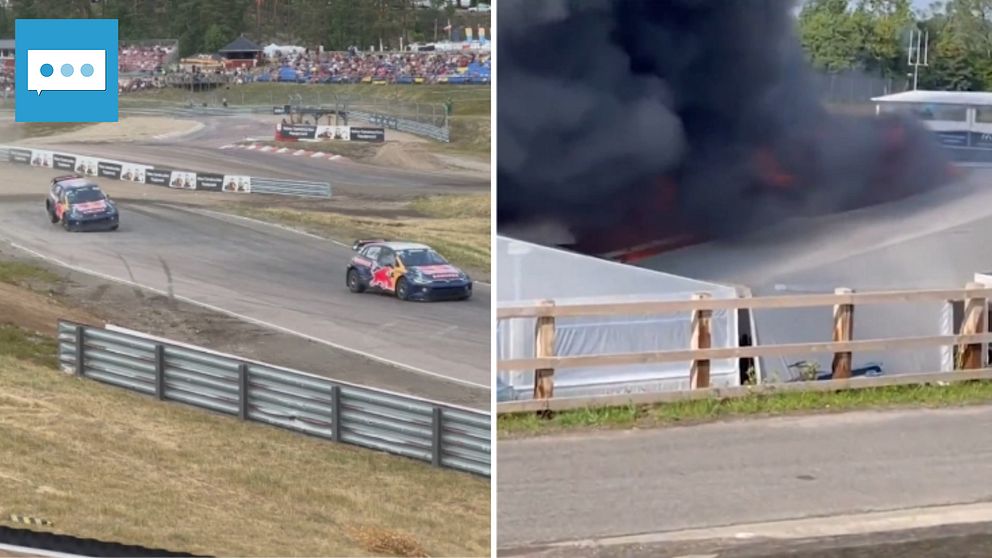 Rallycrossbilar och en brand i ett garage från en tävling