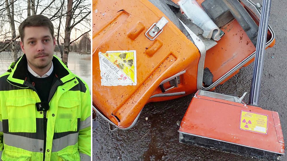 En delad bild med två sektioner. Den vänstra sektionen visar en person klädd i en neonfärgad jacka med reflexer, stående vid vatten och plats med träd i bakgrunden. Den högra sektionen visar en orange bagageväska och en sorts skyffel med varningsetiketter för radioaktivt material, liggande på en blöt väg.