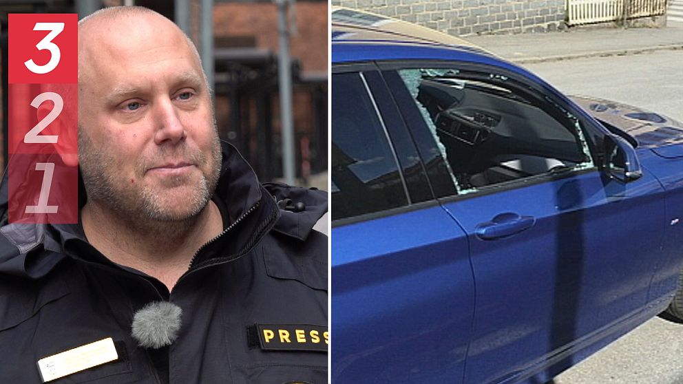 En delad bild som visar två olika scener. Till vänster syns en manlig pressrepresentant klädd i en uniform med en namnskylt. Till höger visas en blå bil med en krossad ruta på passagerarsidan, vilket indikerar en eventuell inbrottssituation.