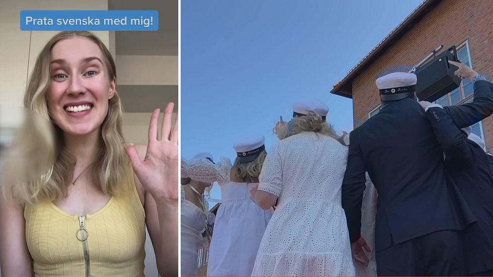 Språkinfluencer Petra Pääkkönen och firande studenter.