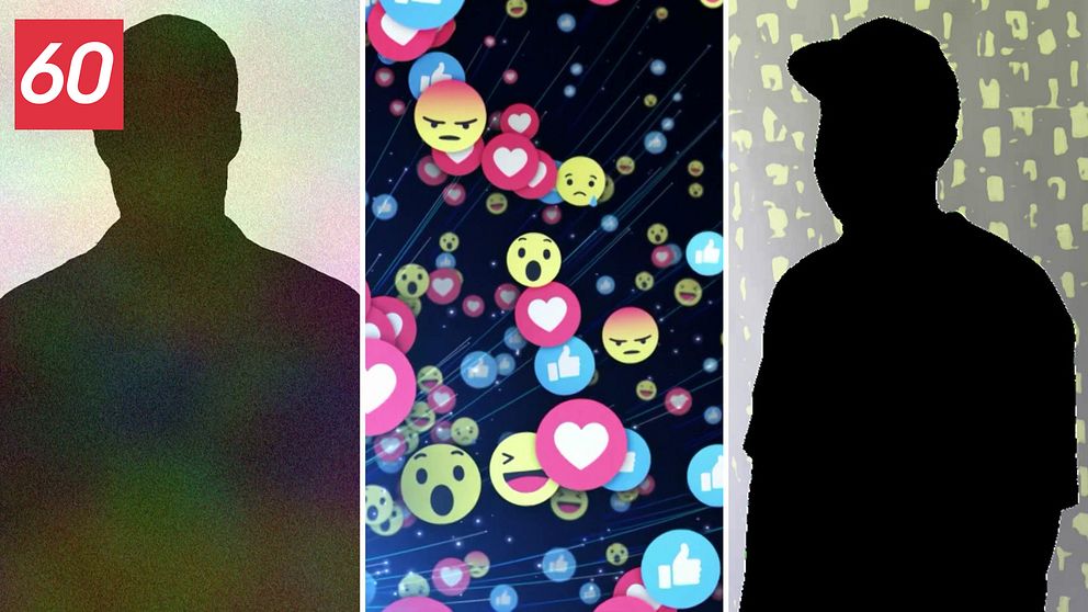 två silhuetter av män, och en bild på emoji-reaktioner av olika slag i sociala medier