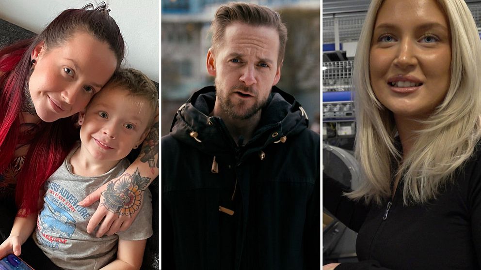 veckans dalanyheter – en kvinna som håller om sin son, reporter Henrik som kollar in i kameran och en blond tjej i en lagerlokal