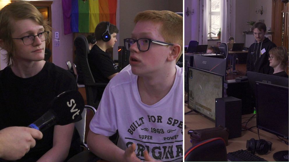 Två unga män som spelar datorspel på konfirmationen i Örebro