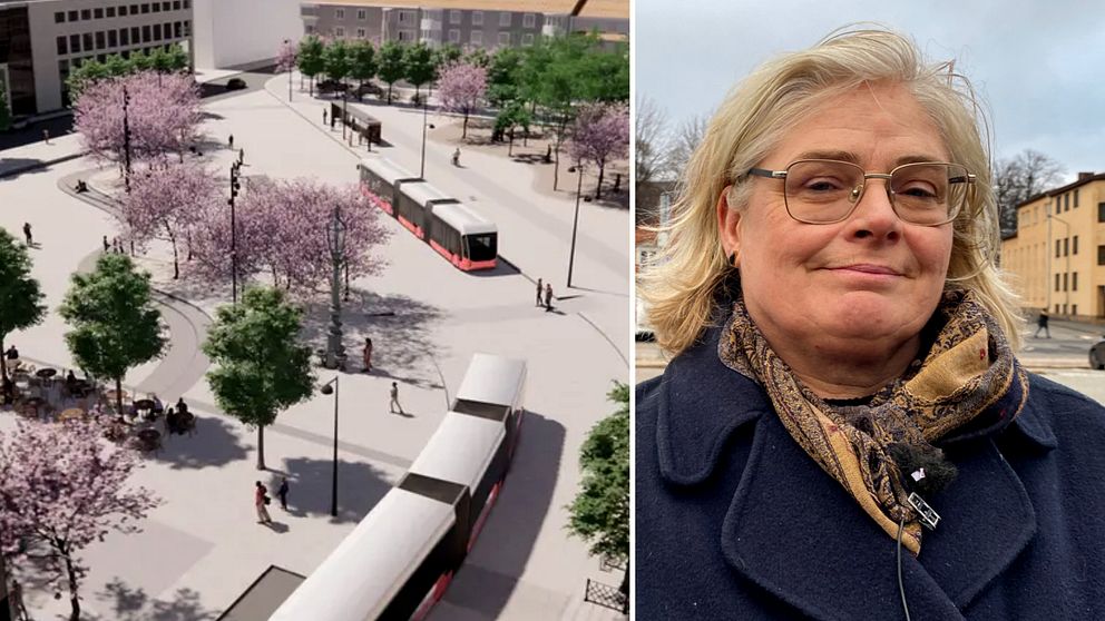 Skiss som visar planerna för kollektivtrafik på Östra torget i Jönköping. Blommande körsbärsträd och gröna träd. Det finns gående personer på trottoaren och en öppen plats, vilket visar en livlig stadsmiljö. Till höger Christin Stenberg, stadsbyggnadsdirektör Jönköping kommun, som står framför kameran, iförd en blå kappa och en sjal.