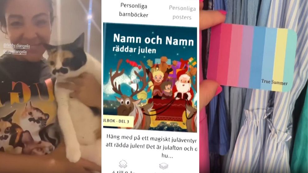 En delad bild med tre sektioner: till vänster syns en person som håller en katt, i mitten en illustration av en barnbok och i högra sektionen hålls en färganalys.