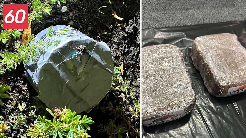 Delad bild. Vänster: Bomben som placerades i Kolla. Höger: Två inplastade paket med narkotika.