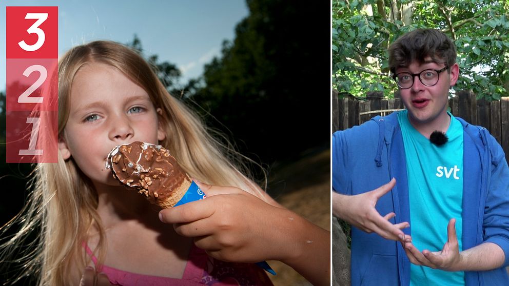 Flicka äter glasstrut. Ung man i glasögon och SVT-tröja.