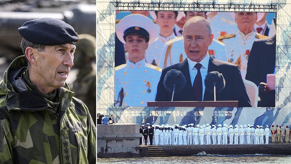 Spitbild med Sveriges ÖB Michael Bydén och Putin på storbildsskärm