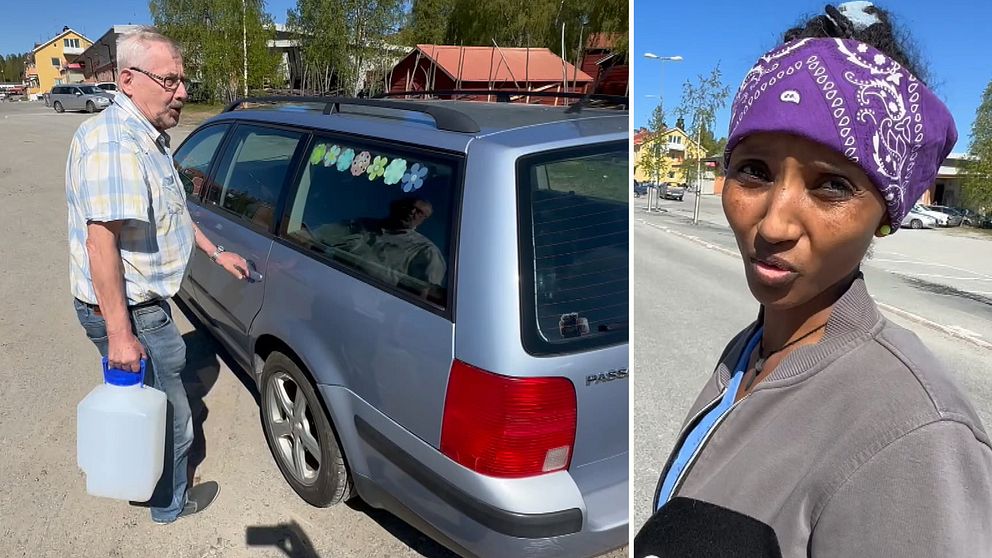 En man håller i en vattentank utanför en bil