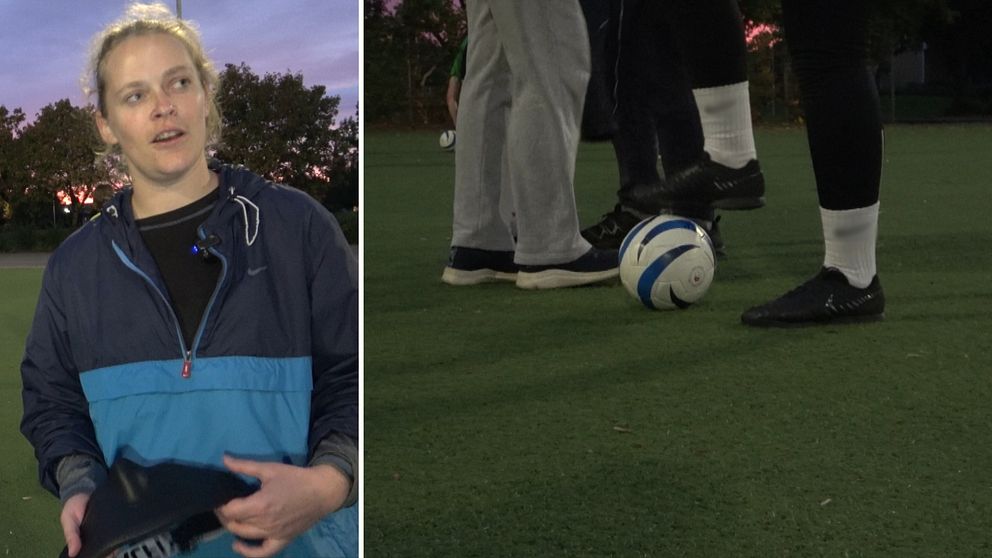 En delad bild som på den vänstra sidan visar en kvinna som håller i en ögonbindel, med en bakgrund av träd och en solnedgång. Till höger är en närbild på flera personer som står runt en fotboll på en konstgräsplan, med fokus på deras skor och fotbollen.