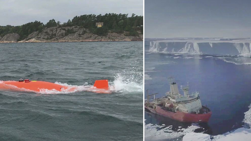 Undervattensfarkosten Ran i Gullmarsfjorden i Bohuslän och den glaciär i Antarktis som kallas Domedagsclaciären under vilken forskningsubåten försvunnit.