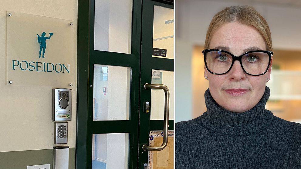 Lena Molund Tunborn och en bild på Poseidons logga