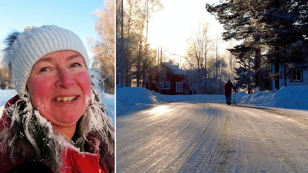 En kvinna med frost i håret och röda kinder som ser glad ut. Även en bild på en vintrig väg där man ser en kvinna på spark längre bort.