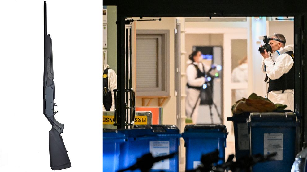 Delad bild. Den vänstra sektionen visar ett gevär placerat på en vit bakgrund. Den högra sektionen visar kriminaltekniker i vita skyddsdräkter som undersöker en brottsplats, med kameror i händerna, i en byggnad med öppna dörrar och blå soptunnor i förgrunden.