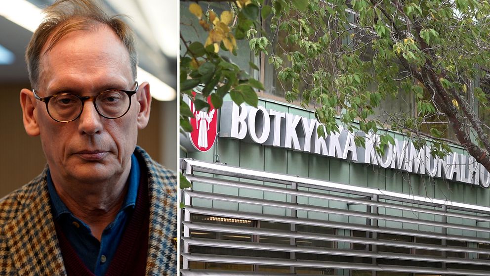 Botkyrka kommunhus skylt och trädgrenar utanför byggnaden.