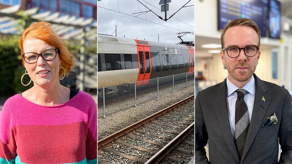 Tredelad bild på socialdemokratiska riksdagsledamoten Heléne Björklund, tågspår och kristdemokratiske infrastrukturministern Andreas Carlson.