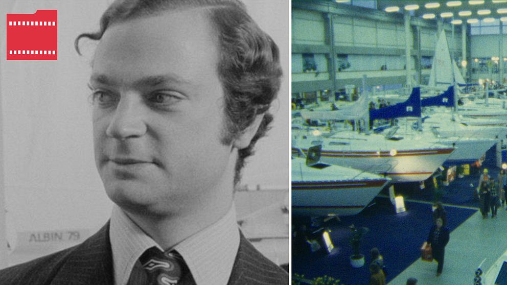 Till vänster en svartvit porträttbild på Kung Carl XVI Gustaf. Till höger en färgbild från ett båtmässa, där flera motorbåtar är uppställda i en stor lokal med besökare som går runt och tittar.