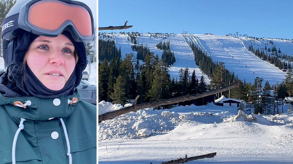 Delad bild – till vänster en kvinna med röda skidglasögon och en grön täckjacka, till höger skidbackar i Sälen