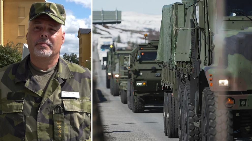 Porträtt på Jonas Karlsson i militärkläder och hatt och till höger en bild på militärfordon som åker på en väg.
