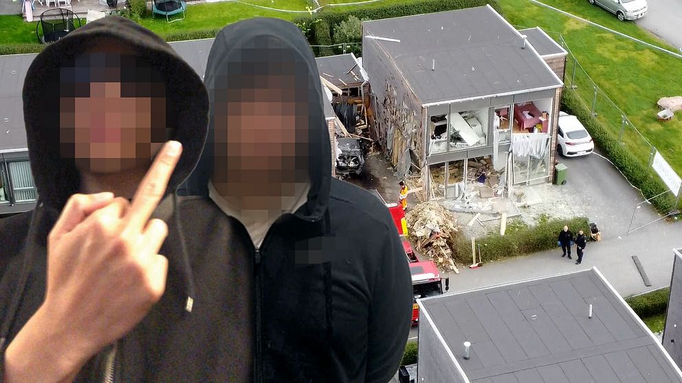 Två män misstänks för tre spräningnar i Linköping, Stockholm och Uppsala. Här är de pexlade framför huset i Fullerö som sprängdes.