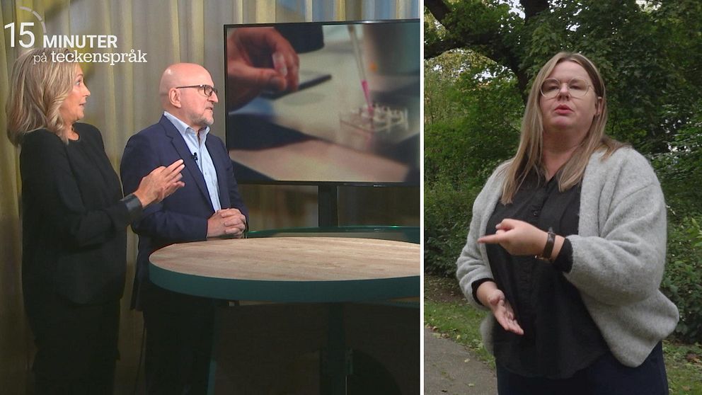 Till vänster Sven-Eric Söder i studion med en teckenspråkstolk. Till höger Isabel Engwall som står i en park och är upprörd.