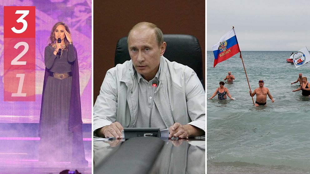 Armeniens framträdande i Eurovision, Vladimir Putin och en man på en strand i Krim hållandes en rysk flagga