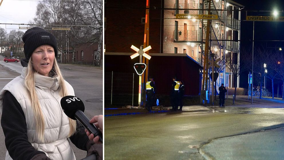 Poliser står vid en tågövergång med bommar i centrala Växsjö.