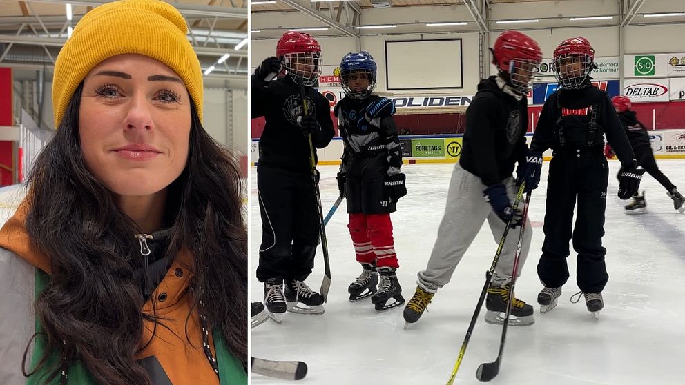 hockeyspelare, små barn, och en kmörkhårig kvinna i gul mössa i en ishall.
