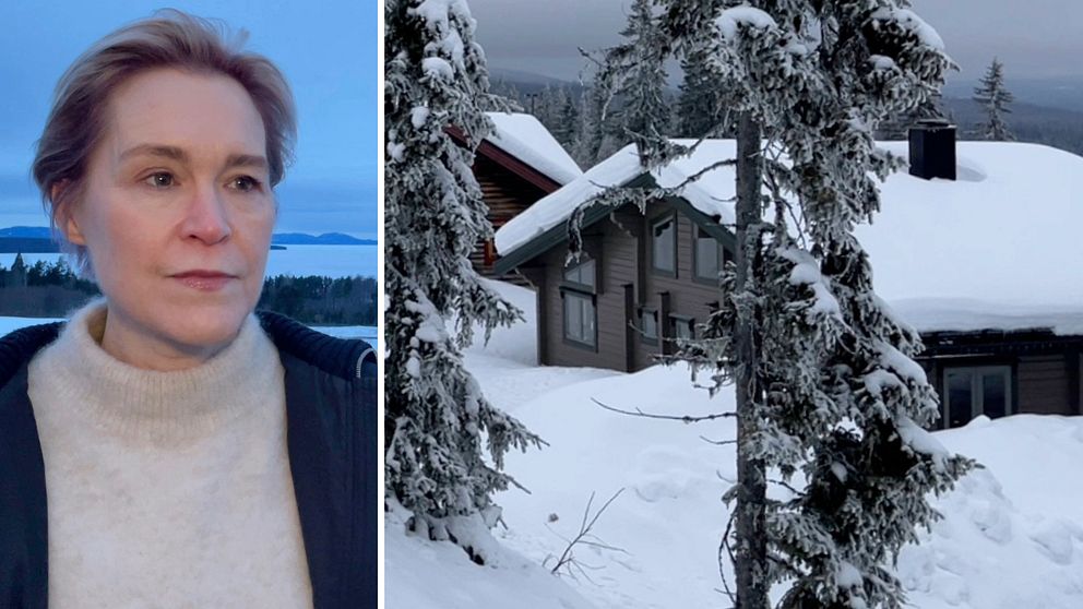 Delad bild – till vänster en bild på en kvinna i beige tröja och kort blont hår, till höger en bild på en stuga med snö på taket.