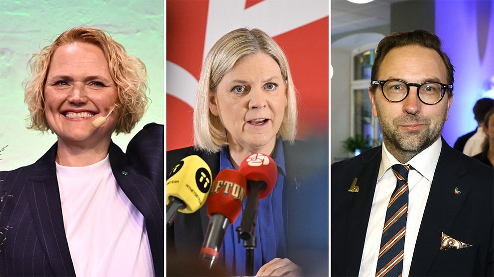 Tredelad bild. Till vänster Anna-Karin Hatt (C), i mitten Magdalena Andersson (S) och till höger Fredrik Malm (L).