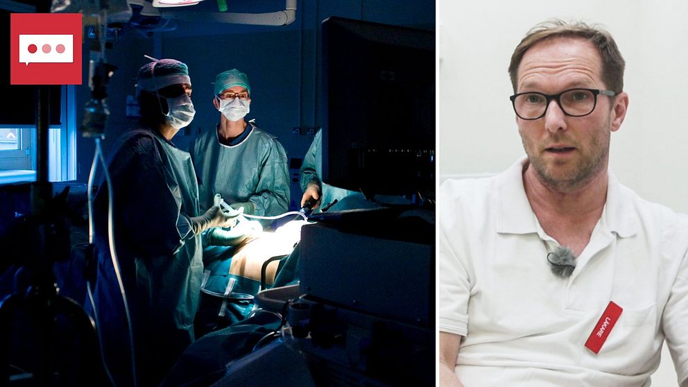 Kirurger står och genomför en titthålsoperation. Bild av läkaren Christoph Ansorge till höger.