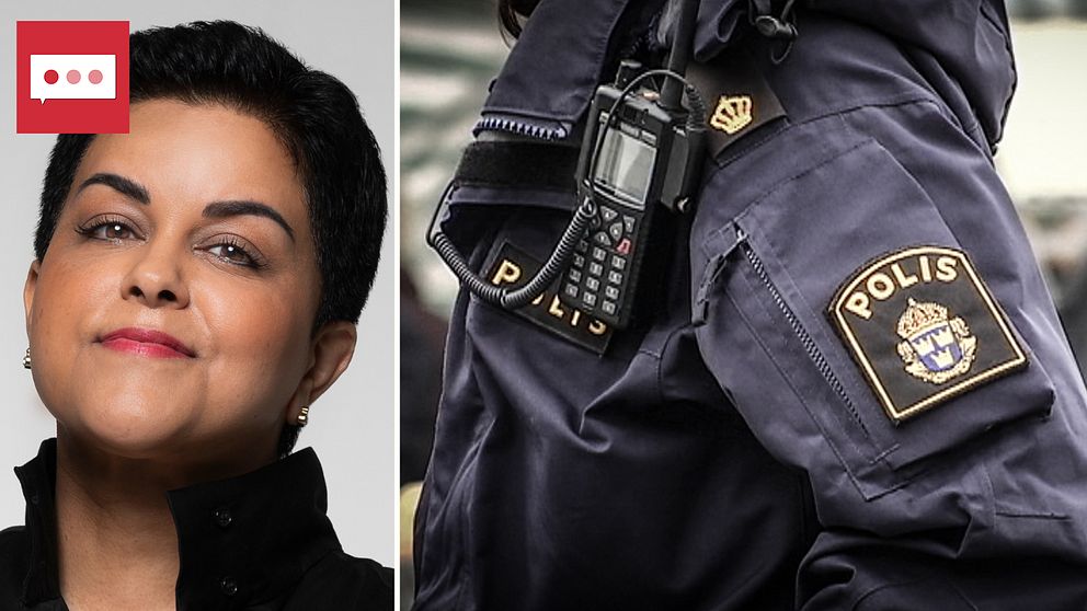 Kvinna och infälld bild på anonym polis.