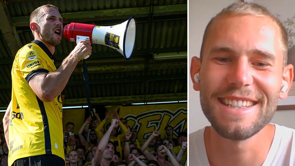 Adam Petersson firar med supportrar efter comeback i Mjällby-tröjan.