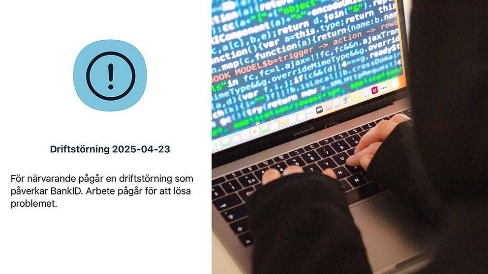 Delad bild. Vänster: driftstörningsmeddelande. Höger: person vid laptop med kod på skärmen.
