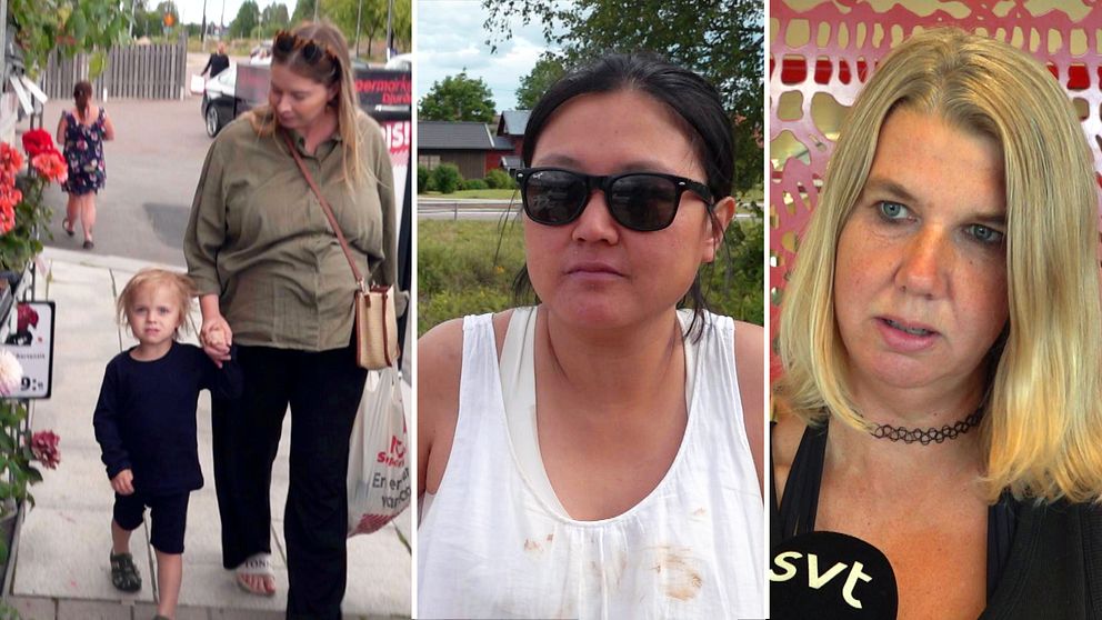 tre bilder i en. En kvinna som håller ett barn i handen med en matkasse i andra handen, en kvinna med svart hår, vitt linne och solglasögon och en kvinna med blont hår och svarta kläder.