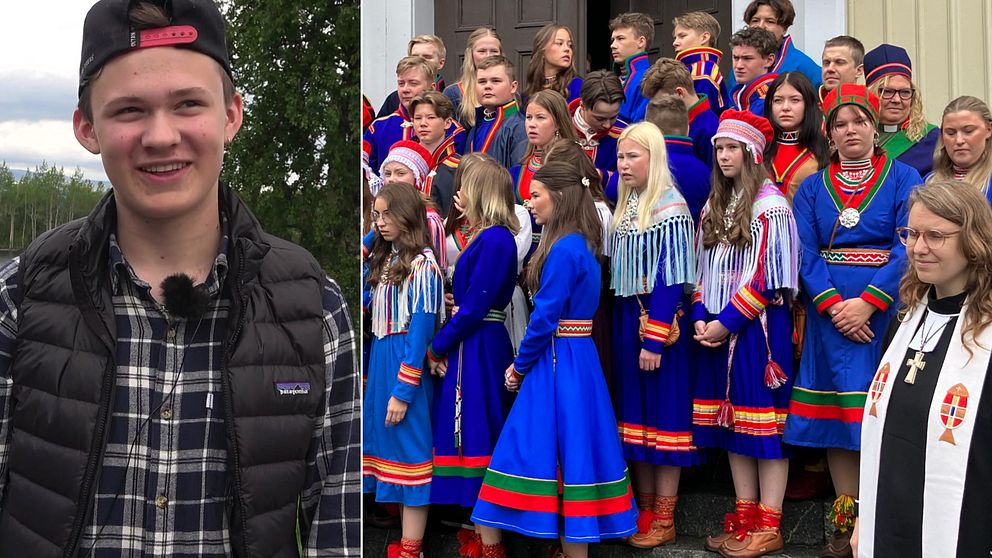 Konfirmanden Daniel Sparrok, tlil höger konfirmandgruppen framför kyrkan i Stensele