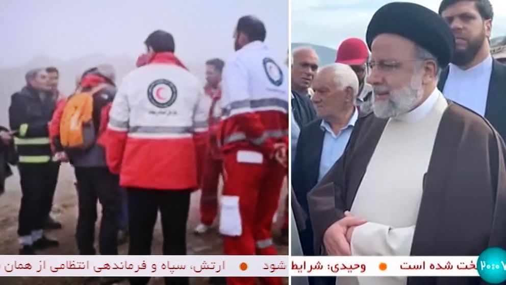 Räddningsarbete efter att Irans president kraschat i en helikopterolycka.