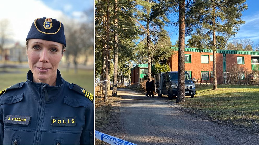 Delad bild. Till vänster: polis i uniform. Till höger avpärrat område runt ett bostadshus med en skåpbil där två personer plockar ut saker från en sidolucka.