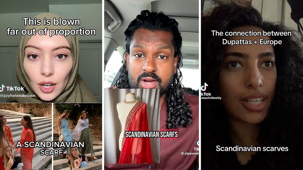 Tre screenshots från tre olika TikTok-kreatörer som är arga över ”the scandinavian scarf”-trenden.