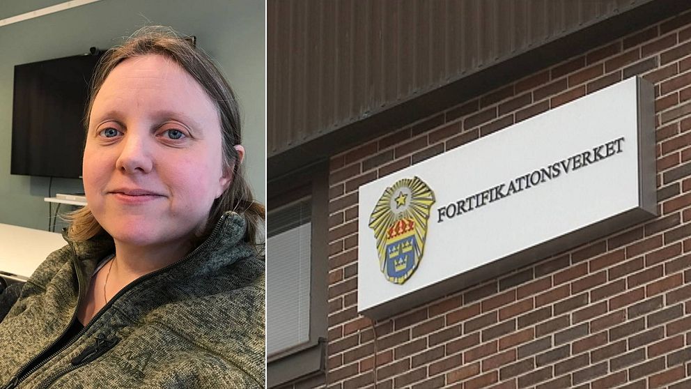 En delad bild som visar två sektioner: till vänster, en person i en kontorsmiljö med en grå tröja och en tv-skärm i bakgrunden; till höger, en närbild av en skylt med texten ”FORTIFIKATIONSVERKET” och en heraldiskt emblem, fäst på en tegelvägg.