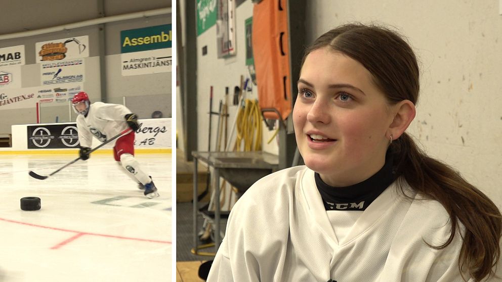 splitbild på en tjej som pratar och en tjej i hockeykläder på isen