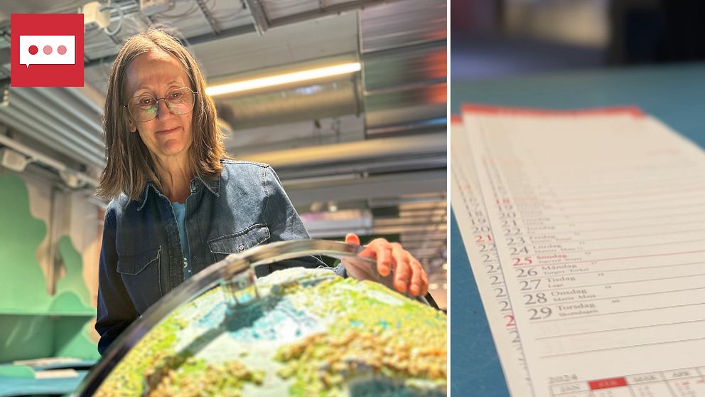 Marianne Eik på Curiosum i Umeå tittar på en jordglob. Till höger en kalender för februari 2024.