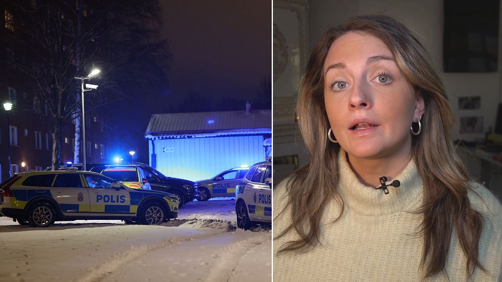 Polisbilar efter skjutningen i Hovsjö och reportern Aida Arslanovic