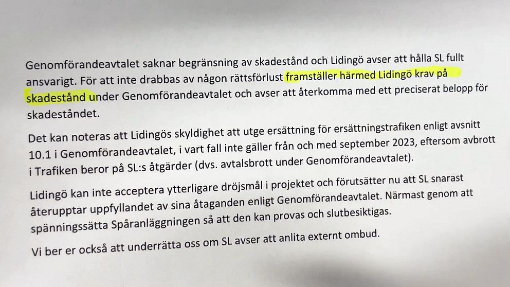 Citat ur Lidingö stads brev till SL där det framgår att kommunen förbereder en skadeståndsprocess.